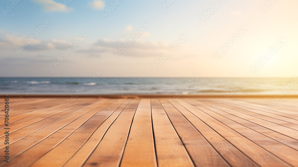 Blurred sea background with wood resort deck floor foreground, Ai generated image