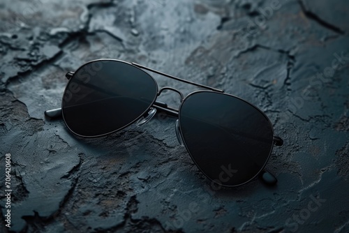 Matte black aviator sunglasses on a dark metal surface