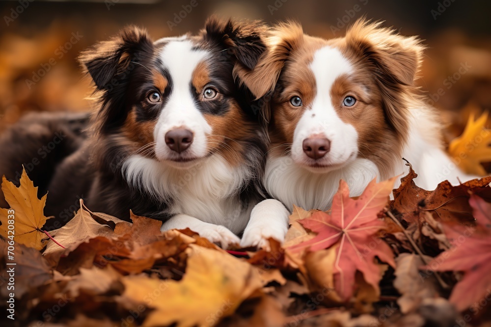 Cute dogs in autumn leaves