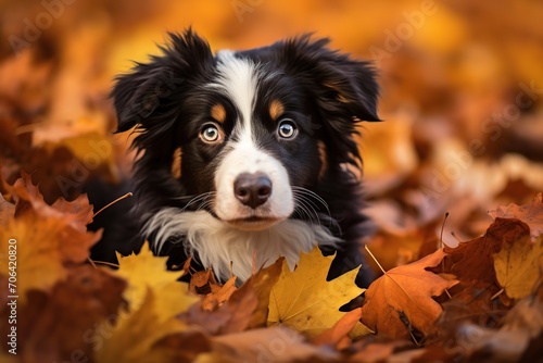 Cute dog in autumn leaves