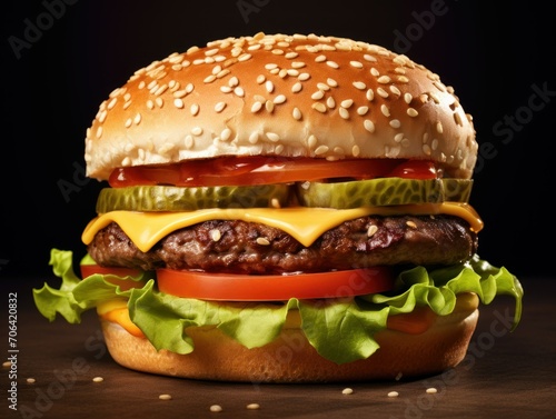 Big tasty cheeseburger on wooden table  isolated on black background