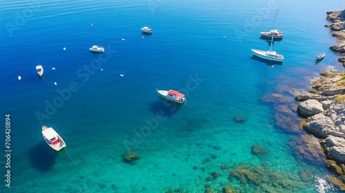 coral reef in the blue sea, Boats from air. Aerial view on sea in Turkey. Summer seascape with clear water in sunny day. Top view of boats from drone. Summer seascape from air, Ai generated image