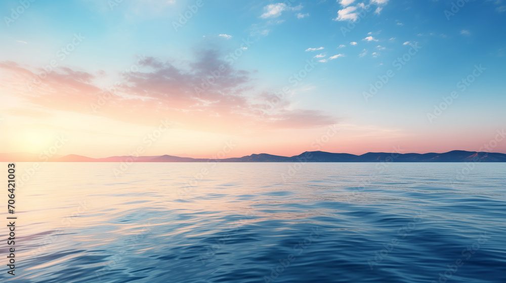 sunset over the sea, blue sky and sea, Pre-dawn hour on the sea. Gently pink sunset, Calm sea surface. Seascape in early morning hours under clear skies, Ai generated image 