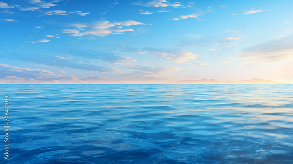 Blue sea or ocean water surface and underwater with sunny and cloudy sky, Calm sea surface. Seascape in early morning hours under clear skies, Ai generated image