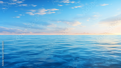 Blue sea or ocean water surface and underwater with sunny and cloudy sky, Calm sea surface. Seascape in early morning hours under clear skies, Ai generated image