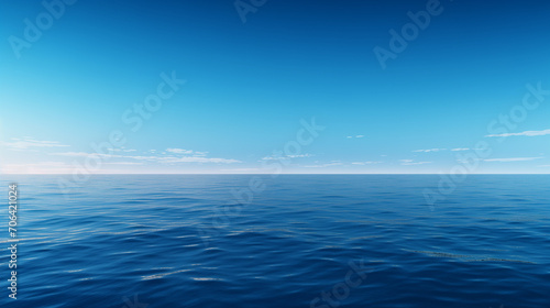 tropical beach panorama, seascape with a wide horizon, showcasing the beautiful expanse of the sky meeting the sea, Calm sea surface. Seascape in early morning hours under clear skies, Ai generated photo