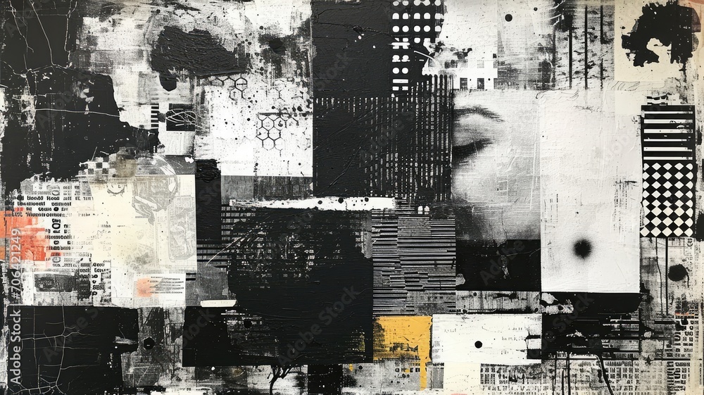 Obraz premium Generative AI, vintage grunge black and white collage background. Different textures and shapes 