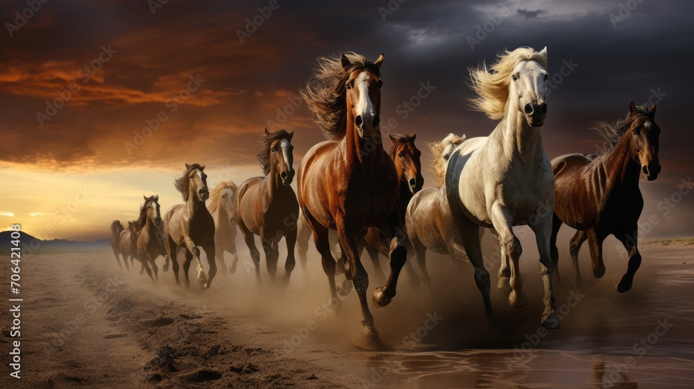 Obraz premium A lot of beautiful thoroughbred horses are running on the sand at sunset against a dramatic sky background.