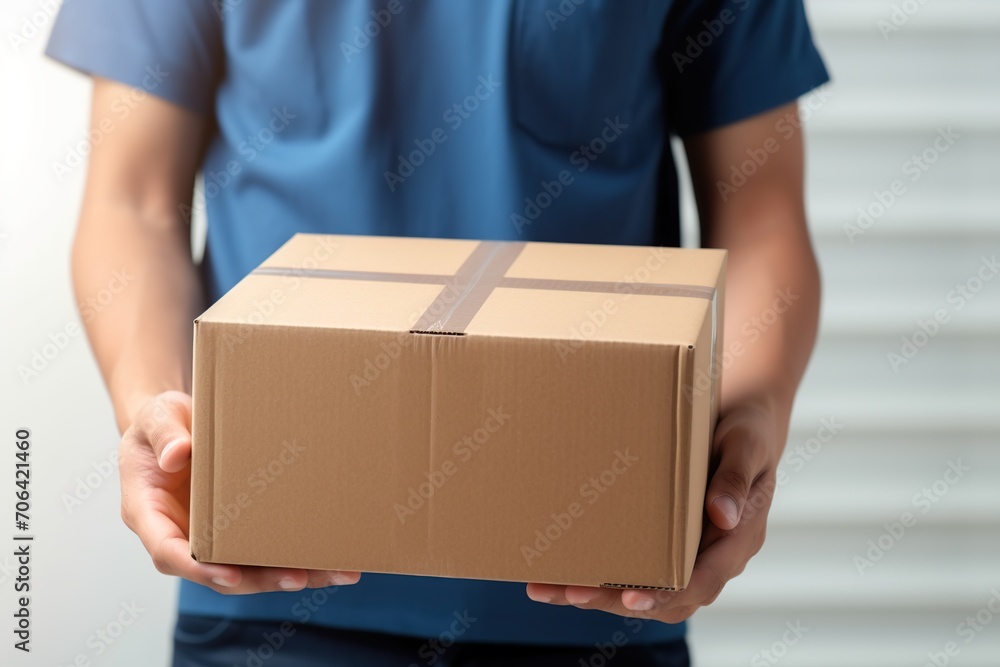 Deliveryman in uniform holding cardboard box Deliveryman in uniform holding cardboard box