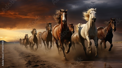 A lot of beautiful thoroughbred horses are running on the sand at sunset against a dramatic sky background.