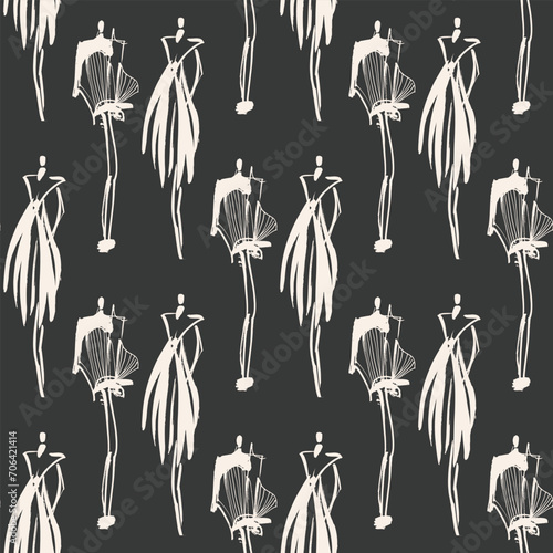 Hand Drawn Fashion Designer Illustration Seamless Pattern.Fashion Model Illustration, Stylish Sketch.Hand drawn outfit look.Fashion Designer Style. Placement Print. t