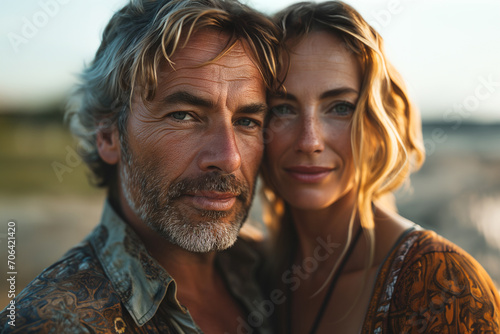 Close-up of a couple of a mature man with a younger woman enjoying their vacations photo