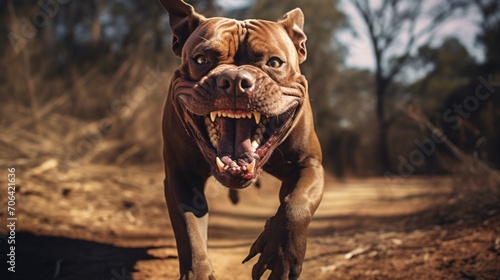 An aggressive brown pit bull runs right up to the camera with its mouth open and shows its front teeth against the background of the forest. Rabies, veterinary medicine, pets concepts.