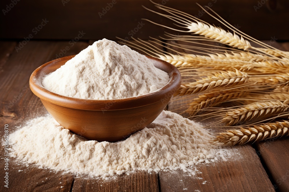 Flour in wooden bowl with wheat ears on table Flour in wooden bowl with wheat ears on table