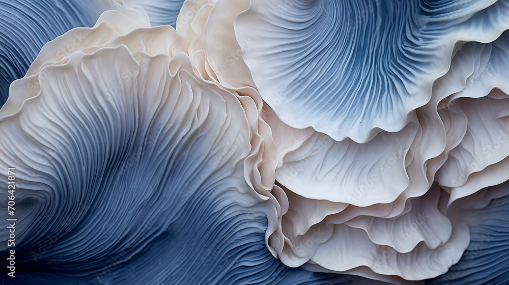 mushrooms on blue background, Close up of a mushroom, Giant clam texture macro. Beautiful sea shell textured close-up, Ai generated image  - obrazy, fototapety, plakaty 