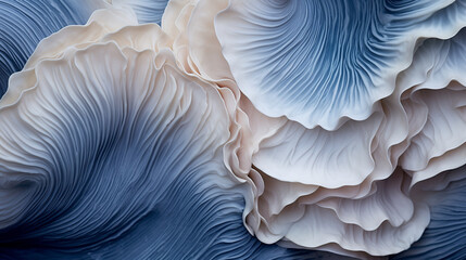 mushrooms on blue background, Close up of a mushroom, Giant clam texture macro. Beautiful sea shell textured close-up, Ai generated image 