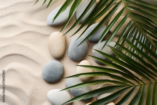 Spa stones with palm leaves on beach sand