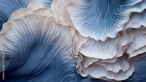 mushrooms on blue background, Close up of a mushroom, Giant clam texture macro. Beautiful sea shell textured close-up, Ai generated image 