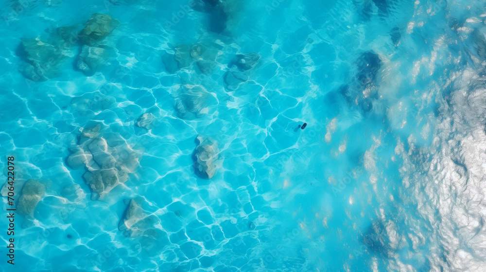 Fototapeta premium swimming pool water, Top view Blue ripped sea water as swimming pool. Crystal clear ocean lagoon bay turquoise blue azure water surface, closeup natural environment. Tropical Mediterranean beach, Ai