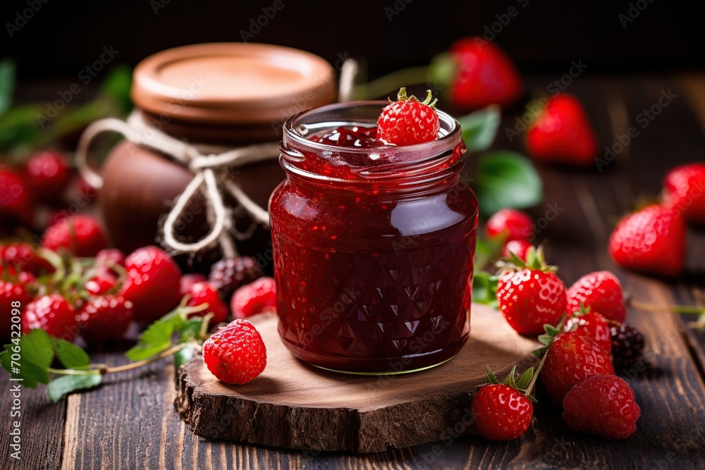Raspberry, strawberry jam and berries on wooden table Raspberry, strawberry jam and berries on wooden table