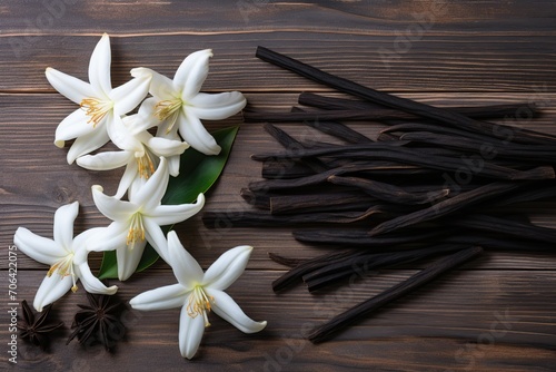 Vanilla pods and flowers on wooden background