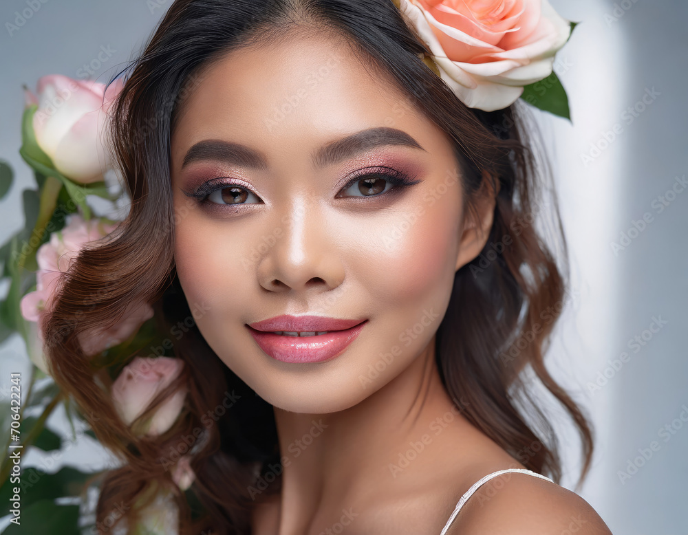Elegant Asian Model: Beauty & Glamour in Closeup Portrait