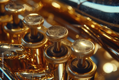 A close-up view of a trumpet featuring numerous brass knobs. This image can be used to illustrate musical instruments, brass instruments, or the intricacies of a trumpet design photo