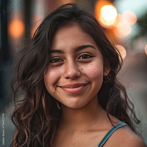 A close-up portrait of young hispanic woman with dark hair smiling gently with a vibrant street mural backdrop, blurry city background, model photoshoot