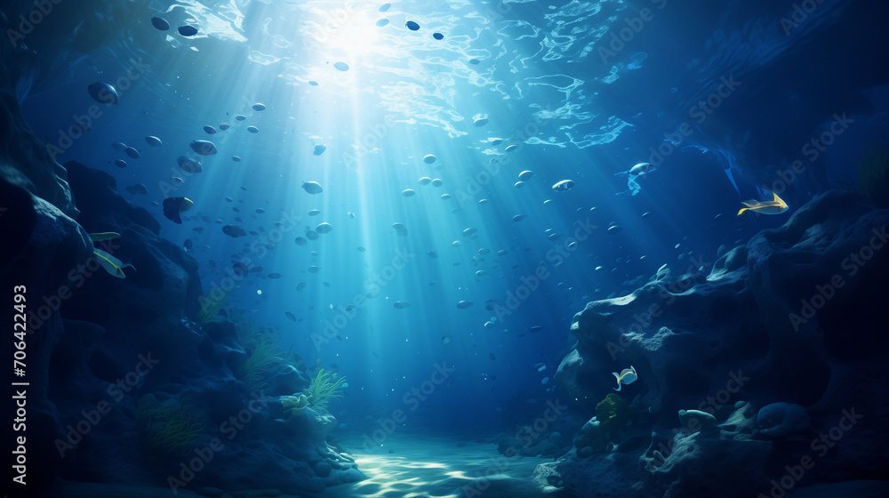 Underwater view of a reef , Crystal clear ocean lagoon bay turquoise blue azure water surface, closeup natural environment. Underwater background deep blue sea and beautiful underwater, Ai generated Underwater view of a reef , Crystal clear ocean lagoon bay turquoise blue azure water surface, closeup natural environment. Underwater background deep blue sea and beautiful underwater, Ai generated