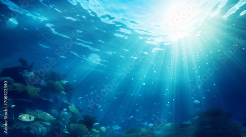 underwater view of the sun, Crystal clear ocean lagoon bay turquoise blue azure water surface, closeup natural environment. Underwater background deep blue sea and beautiful underwater, Ai generated 