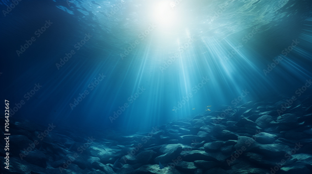 Fototapeta premium Underwater scene Underwater Sea - Deep Water Abyss With Blue Sun light, Ai generated image