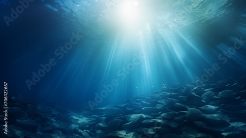 Underwater scene Underwater Sea - Deep Water Abyss With Blue Sun light, Ai generated image © PixxStudio