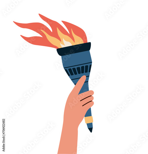 Hand holding torch. Symbol of relay race, competition victory, champion or winner.
