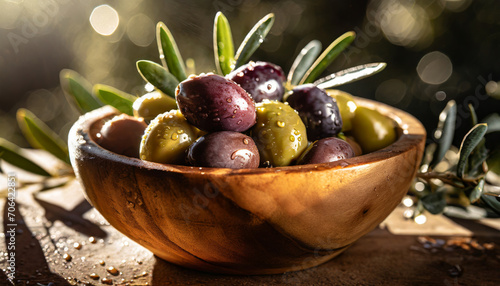 Freshly picked olives in a wooden bowl