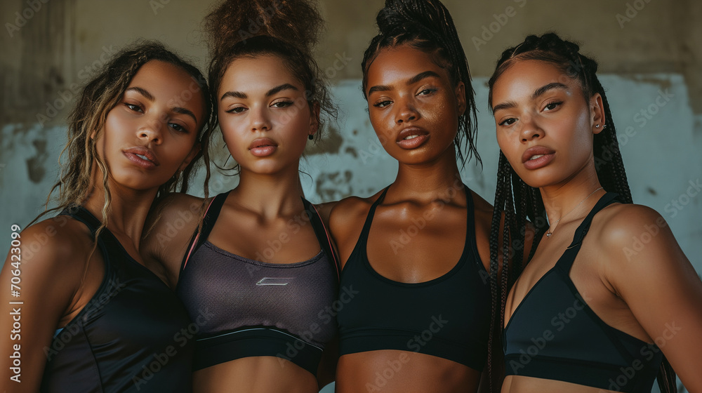 Four athletic women exude strength and confidence while posing in sports attire Four athletic women exude strength and confidence while posing in sports attire