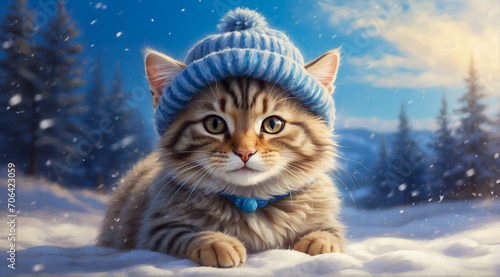 A brown striped kitten wearing a blue fur hat and looking forward. scenery of a sunny winter day with snow falling. Generative Ai