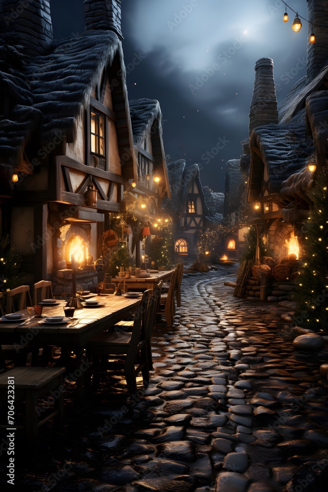 Night in the old town, 3d rendering. Computer digital drawing.