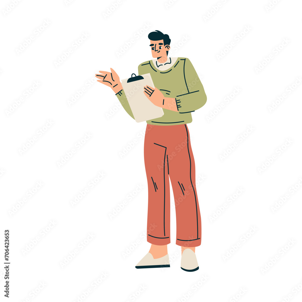 Business with Young Man Character Standing with Clipboard Vector Illustration