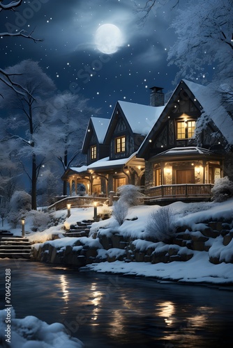 Winter night in the village. House on the bank of the river.