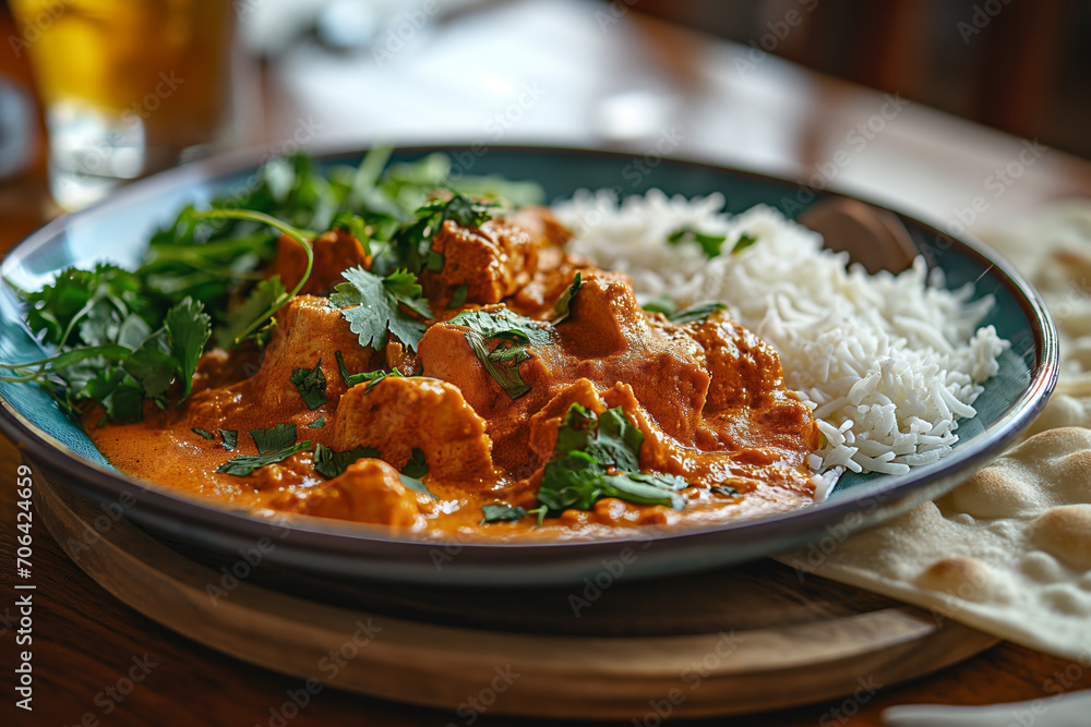 Indian Butter Chicken with Papadam and rice. Indian Butter Chicken with Papadam and rice.