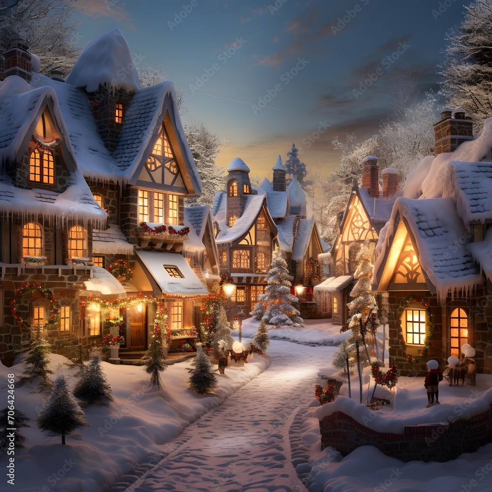 Winter village in the snow. Christmas and New Year holidays concept.