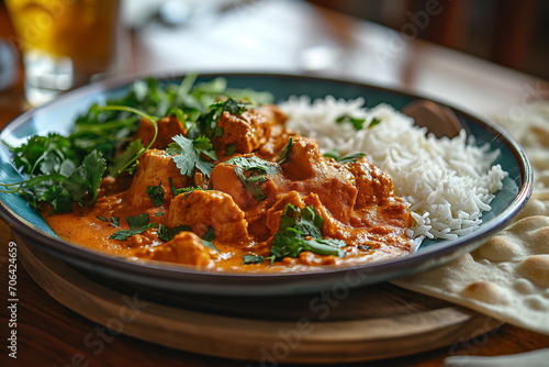 Indian Butter Chicken with Papadam and rice.