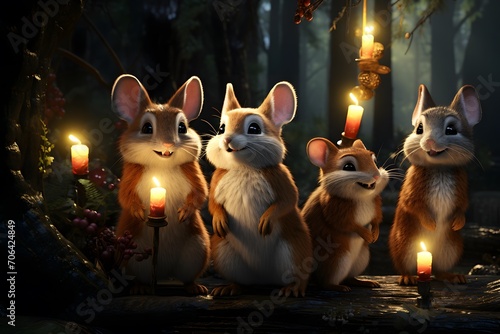 3d rendering of a group of little mice with candles in the forest