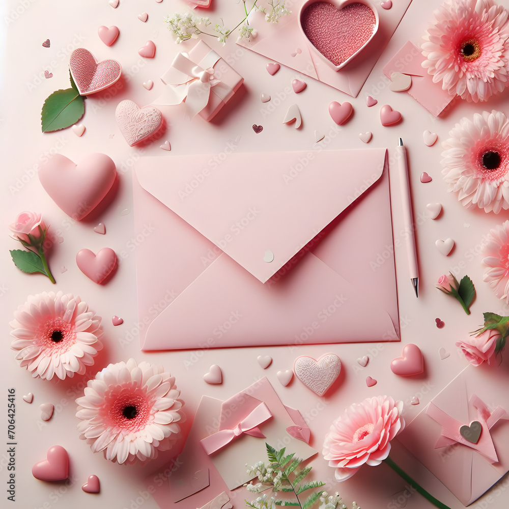 Square envelope between pastel flowers, pom-poms and feathers near ring in a gift box on pink
valentine card with hearts
Vertical image of composition with Valentine's Day decorations on pink backgrou