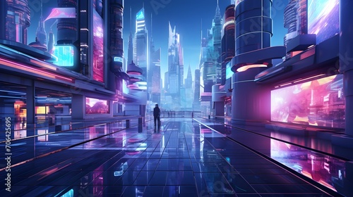 3D rendering of a futuristic city at night with neon lights.