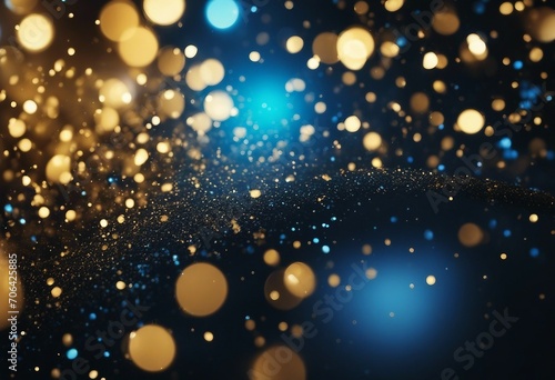 Background of abstract glitter lights blue gold and black de focused banner