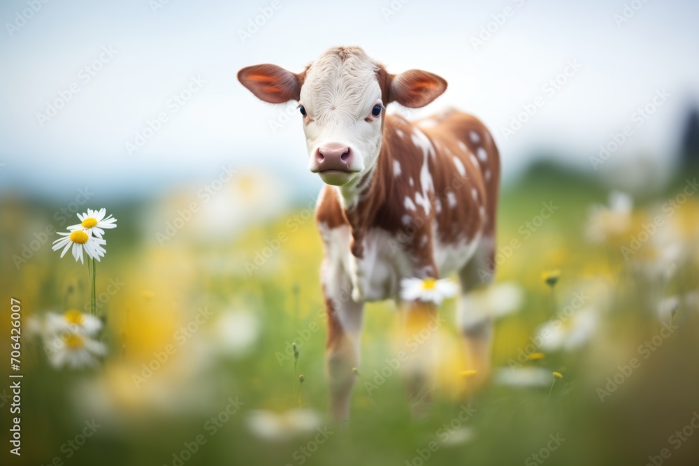 newborn calf standing in a field of daisies