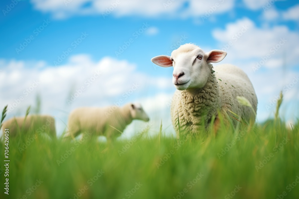 white sheep grazing in a vibrant green pasture white sheep grazing in a vibrant green pasture