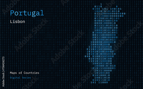 Portugal Blue Map Shown in Binary Code Pattern. Matrix numbers, zero, one. World Countries Vector Maps. Digital Series 