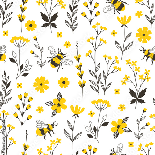 Seamless pattern with yellow flowers and bees. Vector graphics.